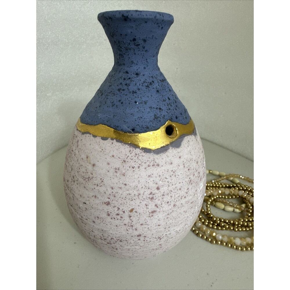 Studio Art Pottery vase MD Signed Mid Century Heavy Blue Pink Gold Strip - Picture 6 of 15